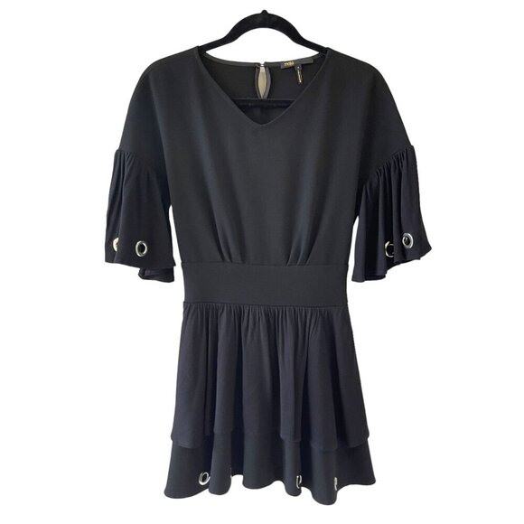 Maje Size M Rotery Grommet Trim Dress Mini LBD Flowy Rocker Bell Sleeve Flare - Picture 15 of 15